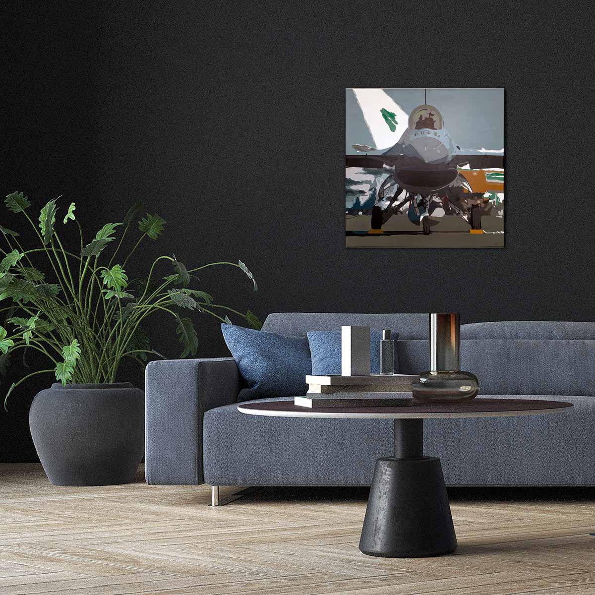 Acrylic painting of an F-16 in a living room. For sale.