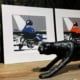 Three colour screen prints, red or blue, black and grey, of a Lockheed Martin F-16 behind black panther. All for sale