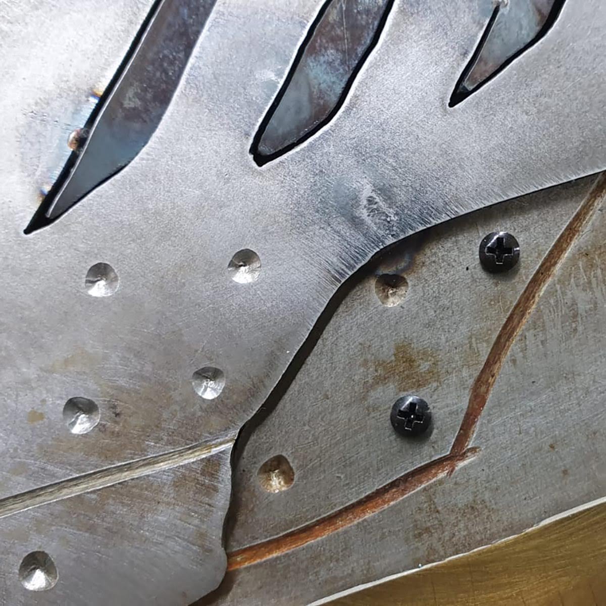 Detail of an aviation inspired steel artwork.