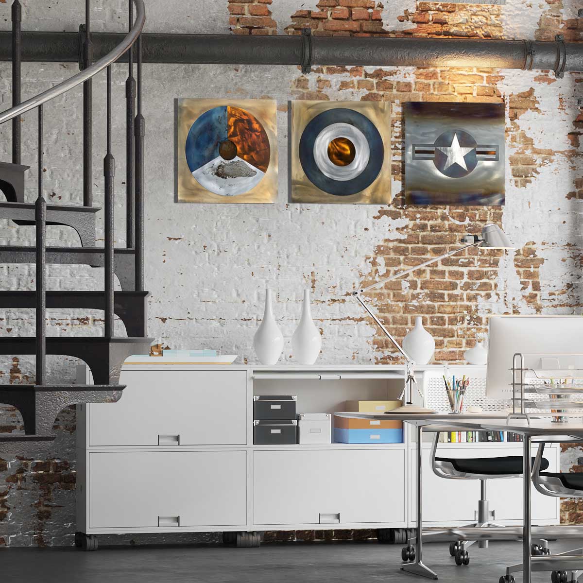 For sale: three steel roundel artworks in an old vintage brick office.