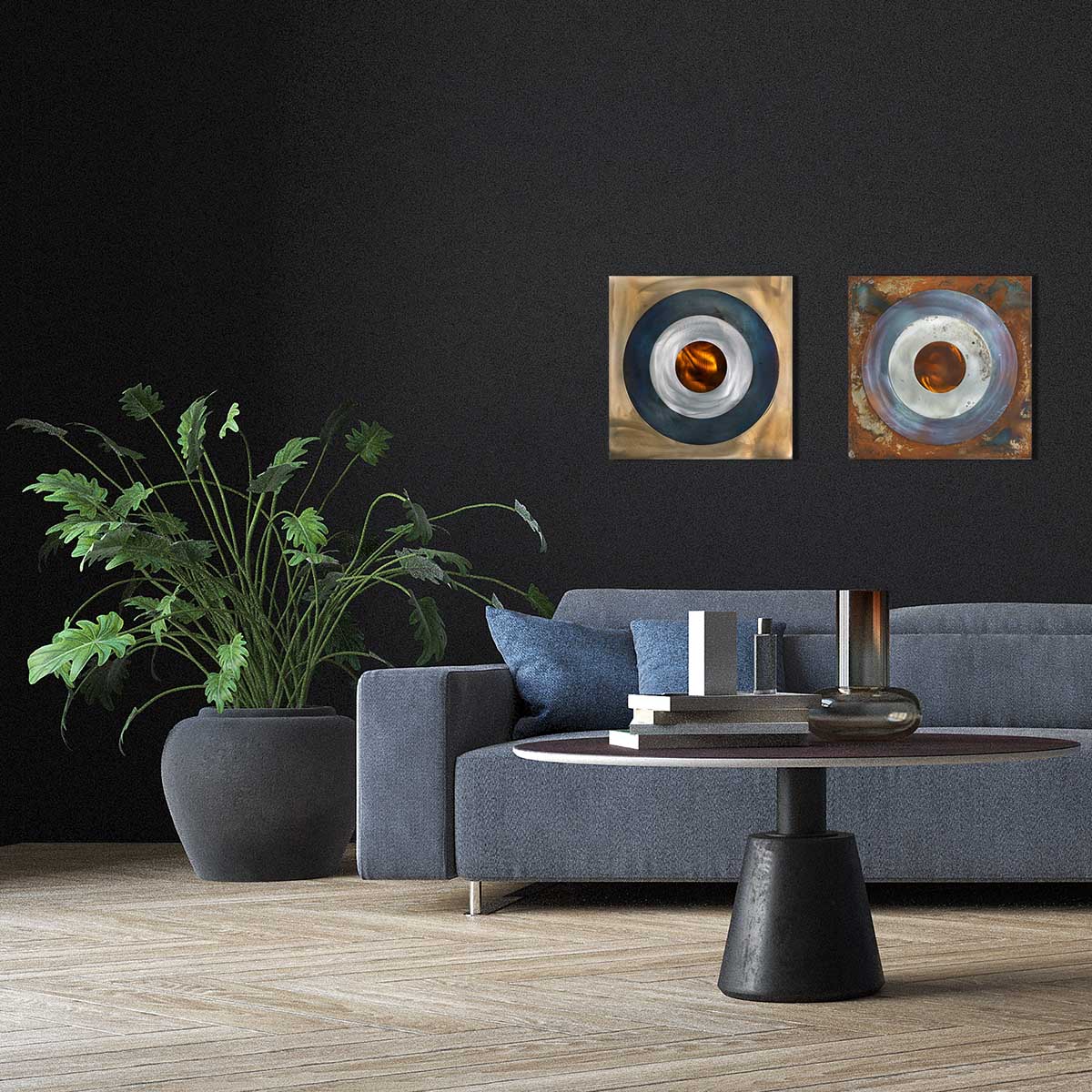 Two steel roundels in a living room.