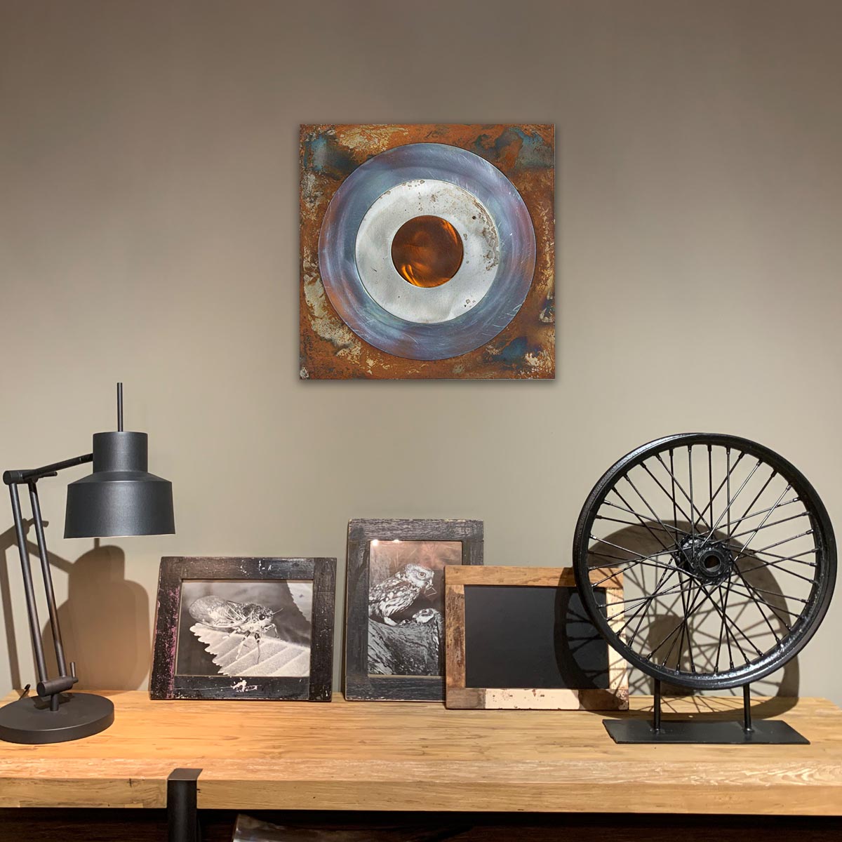 Royal Air Force steel roundel artwork over a cabinet for sale.