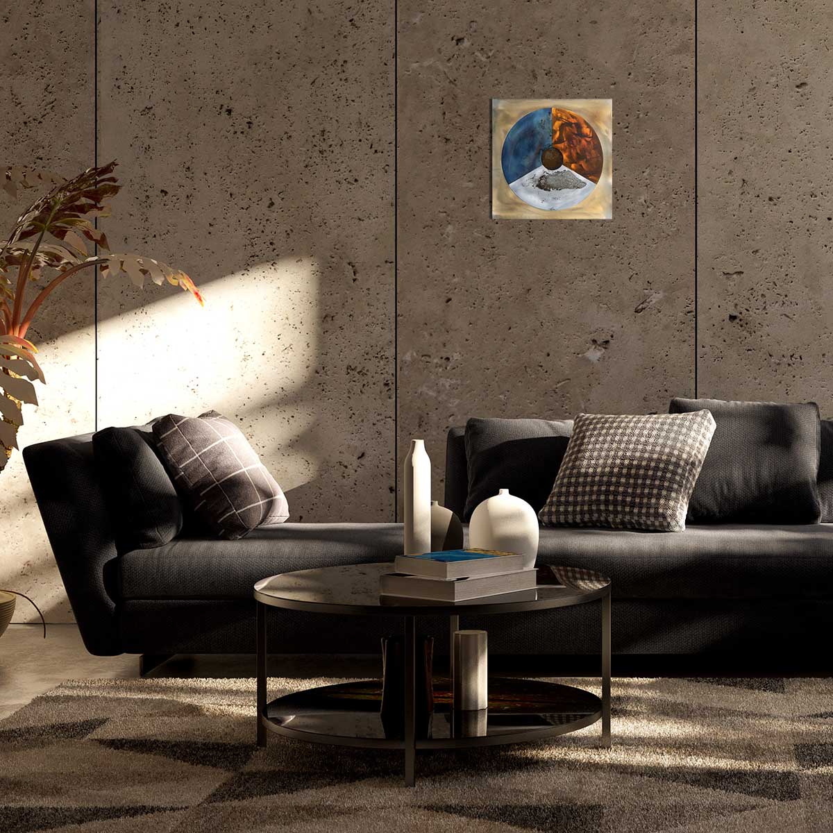 Royal Netherlands Air Force steel roundel artwork over a couch in a modern living room.