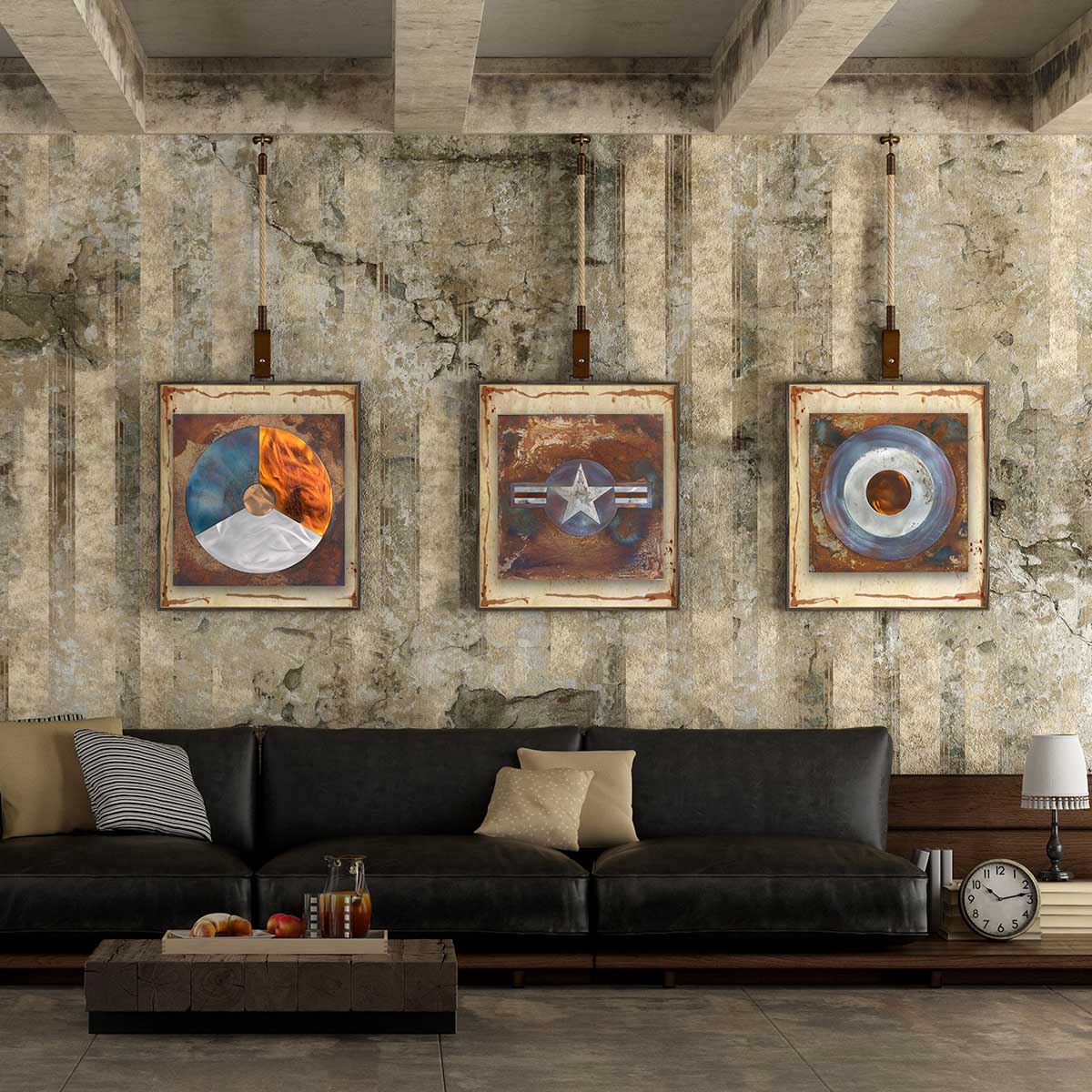 Three steel roundels in a living room.