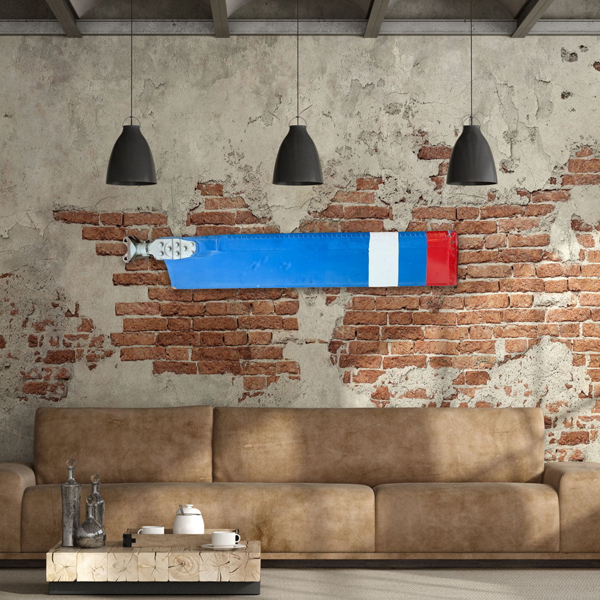 Blue Mil Mi-8 helicopter rotor blade mounted on a wall