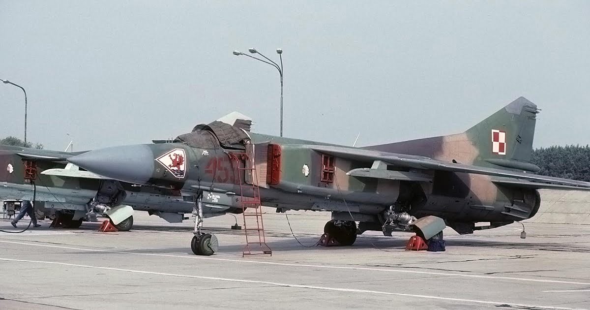 Polish MiG-23 Flogger with several red covers.