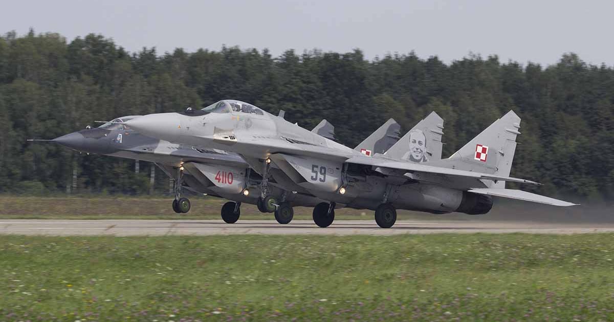 Two Polish Air Force MiG-29s taking off.