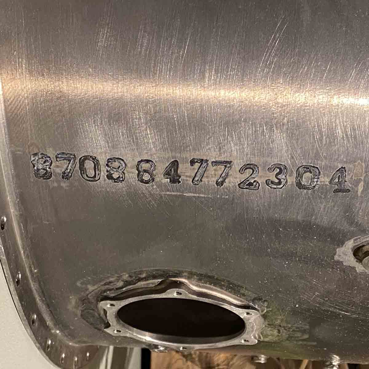 Serial number of the front body of Klimov RD-33 jet engine.