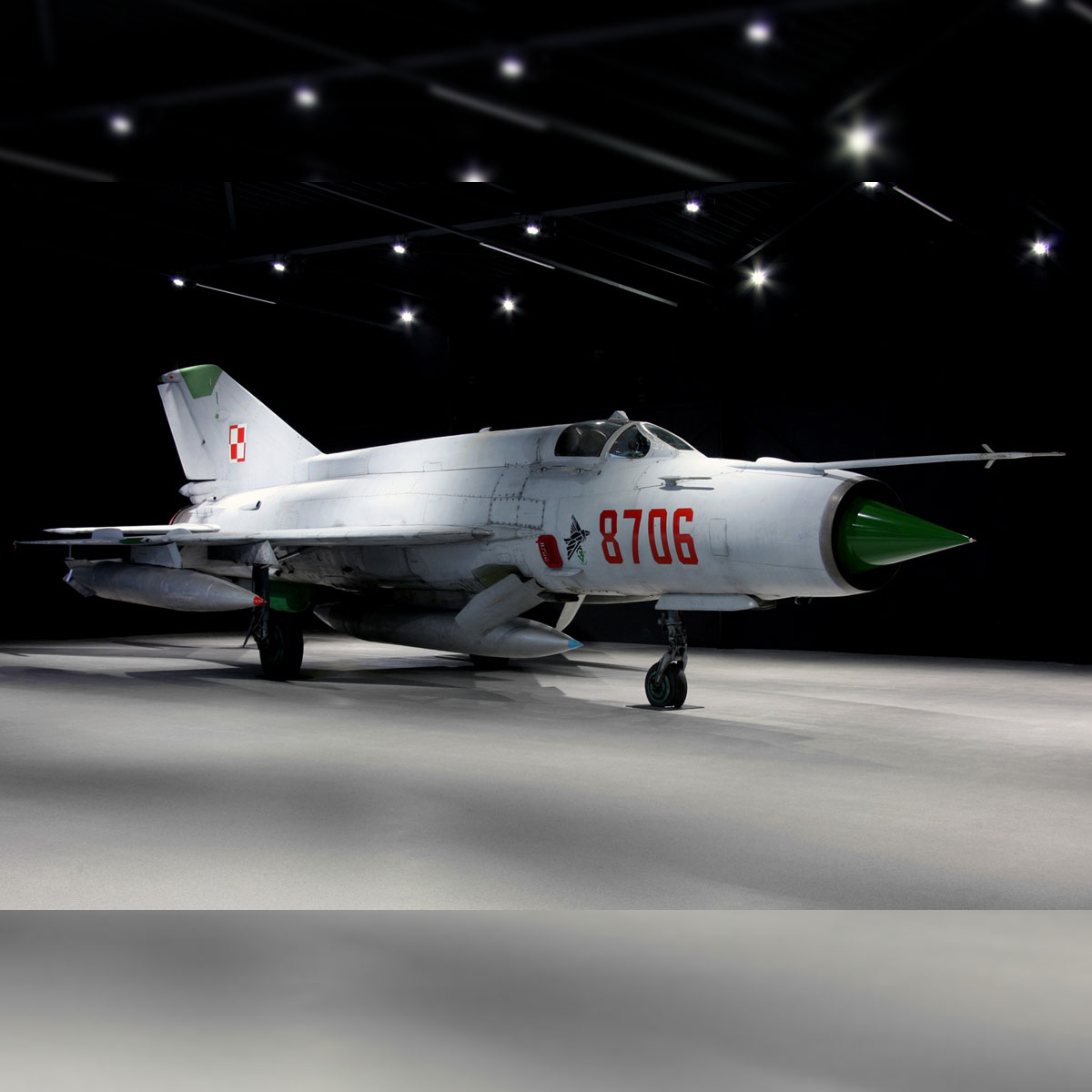 Former Polish Air Force MiG-21MF 8706 photographed inside a hangar..