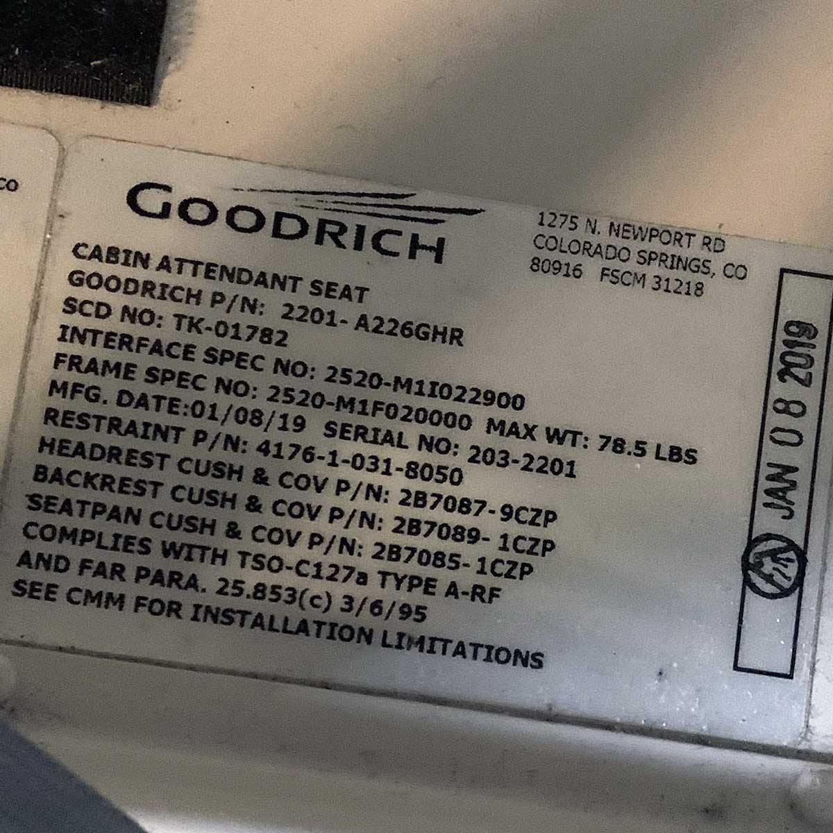 Product details of Goodyear high comfort cabin attendant seat of Brussels Airlines Airbus A330.