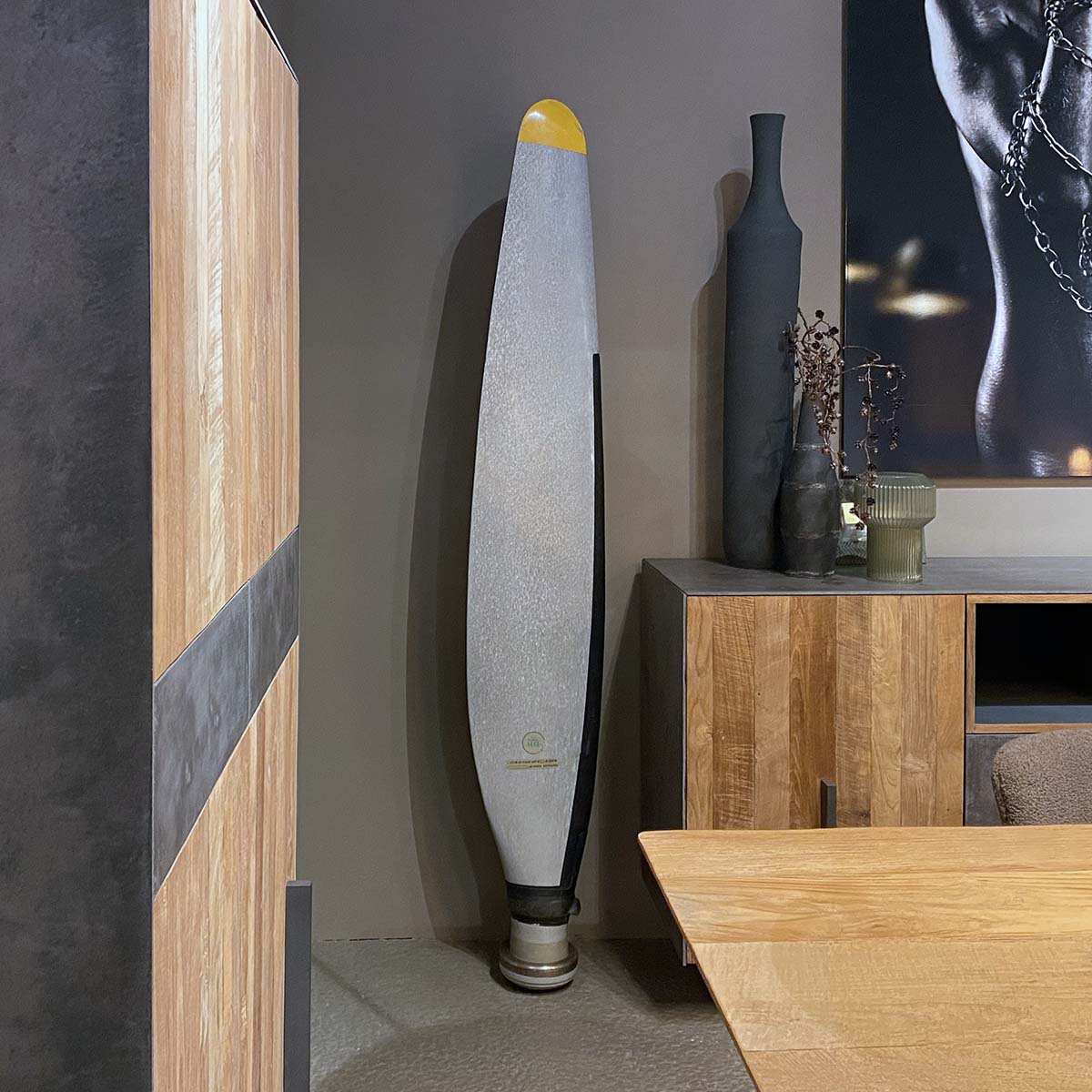 De Havilland aircraft propeller that was intended for a Handley Page Hastings displayed in a living room.