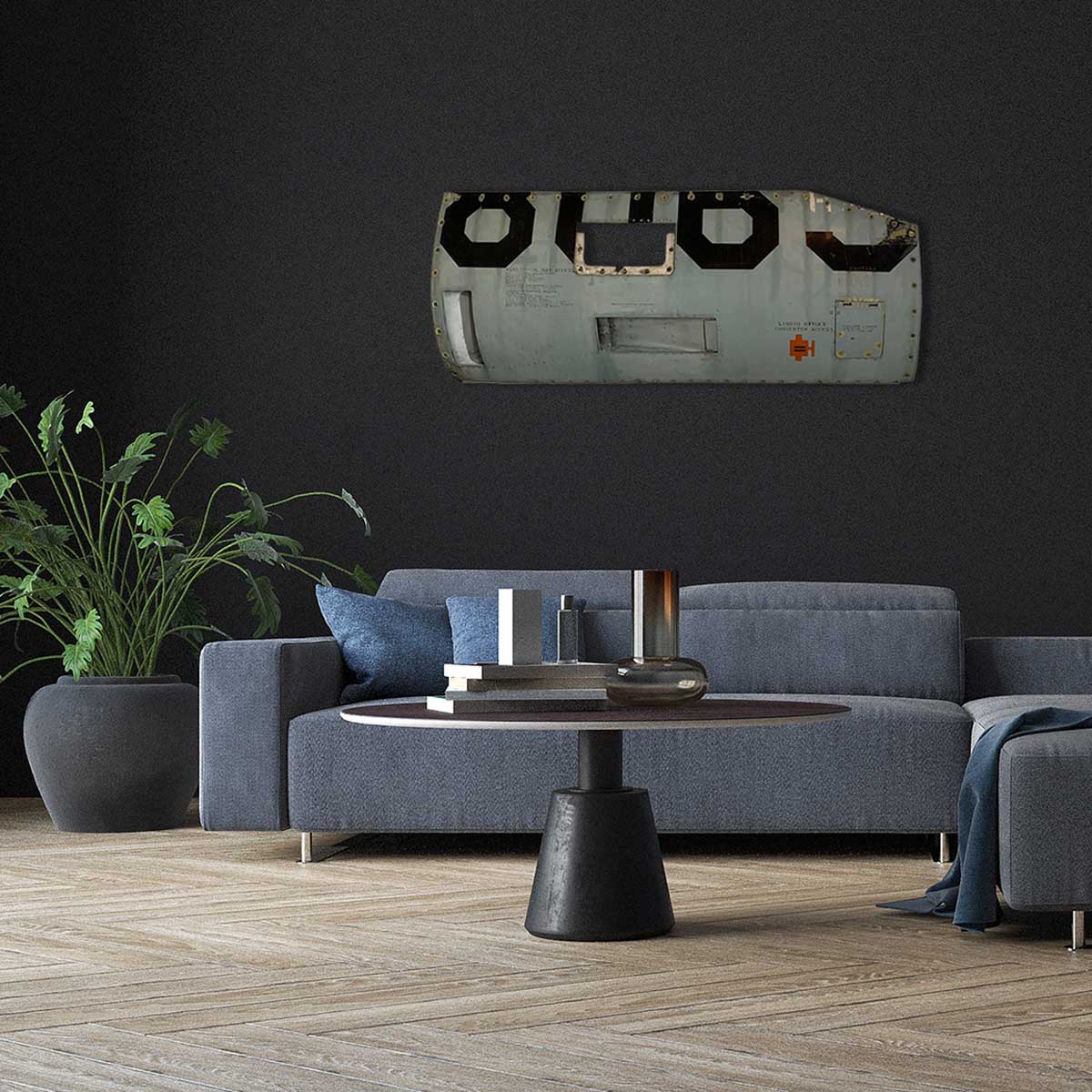 Royal Netherlands Air Force F-104G electrical bay access panel hanging on a wall in a modern living room.