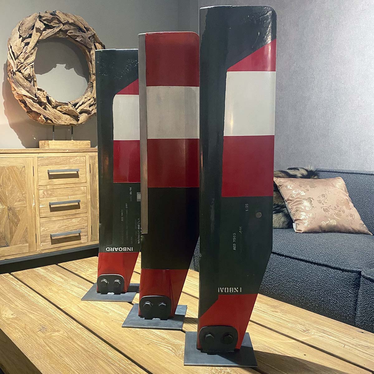 Three Westland Lynx tail rotor blades turned into decorative pieces.