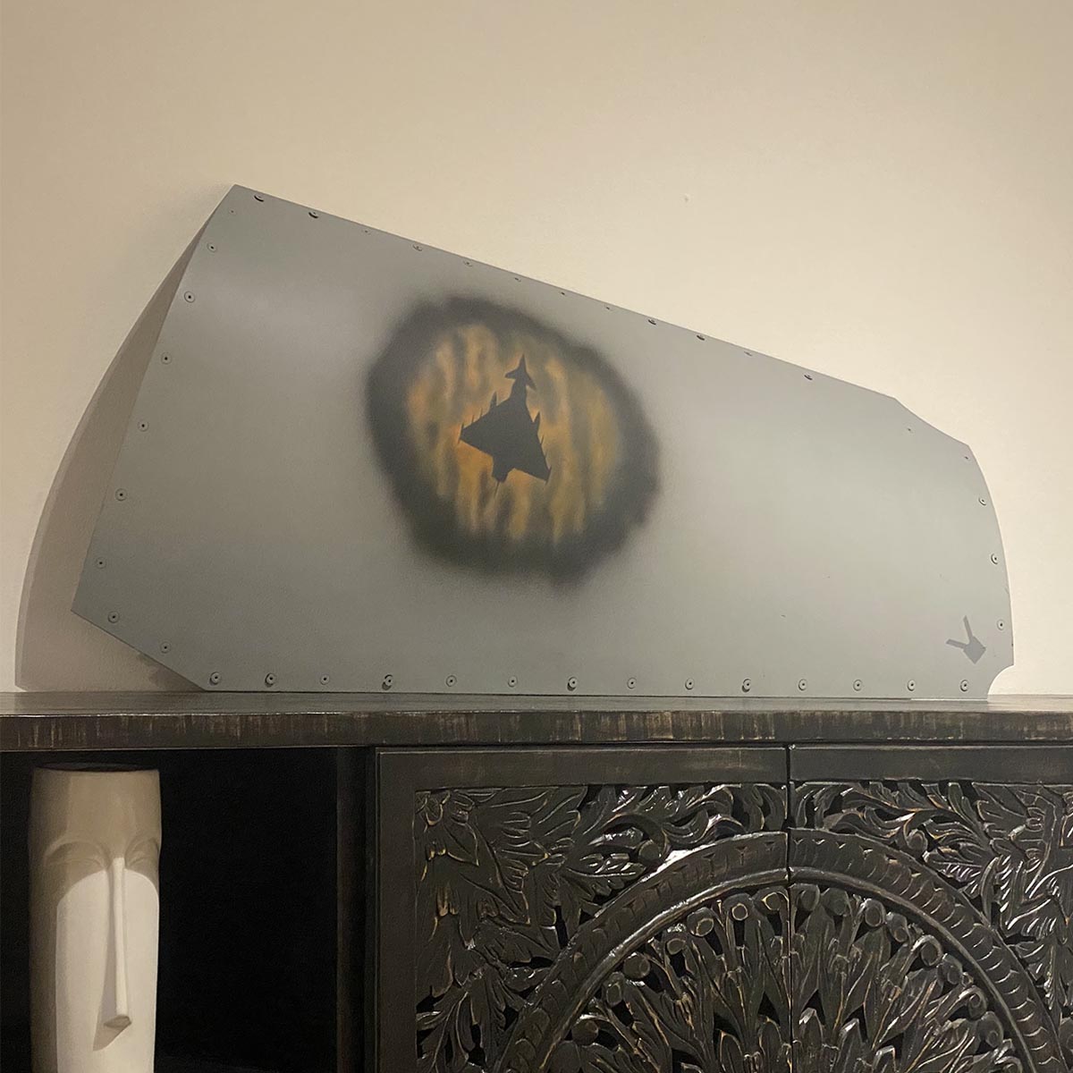 Original Eurofighter Typhoon skin panel airbrushed with Typhoon art displayed on a cabinet.