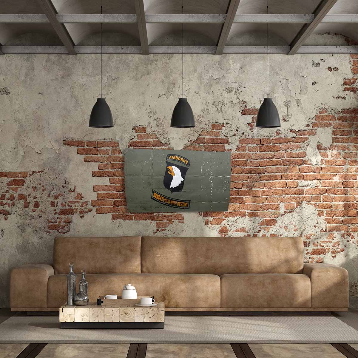 Original C-47 Dakota skin panel painted with 101st Airborne Division nose art hanging in an industrial style living room.