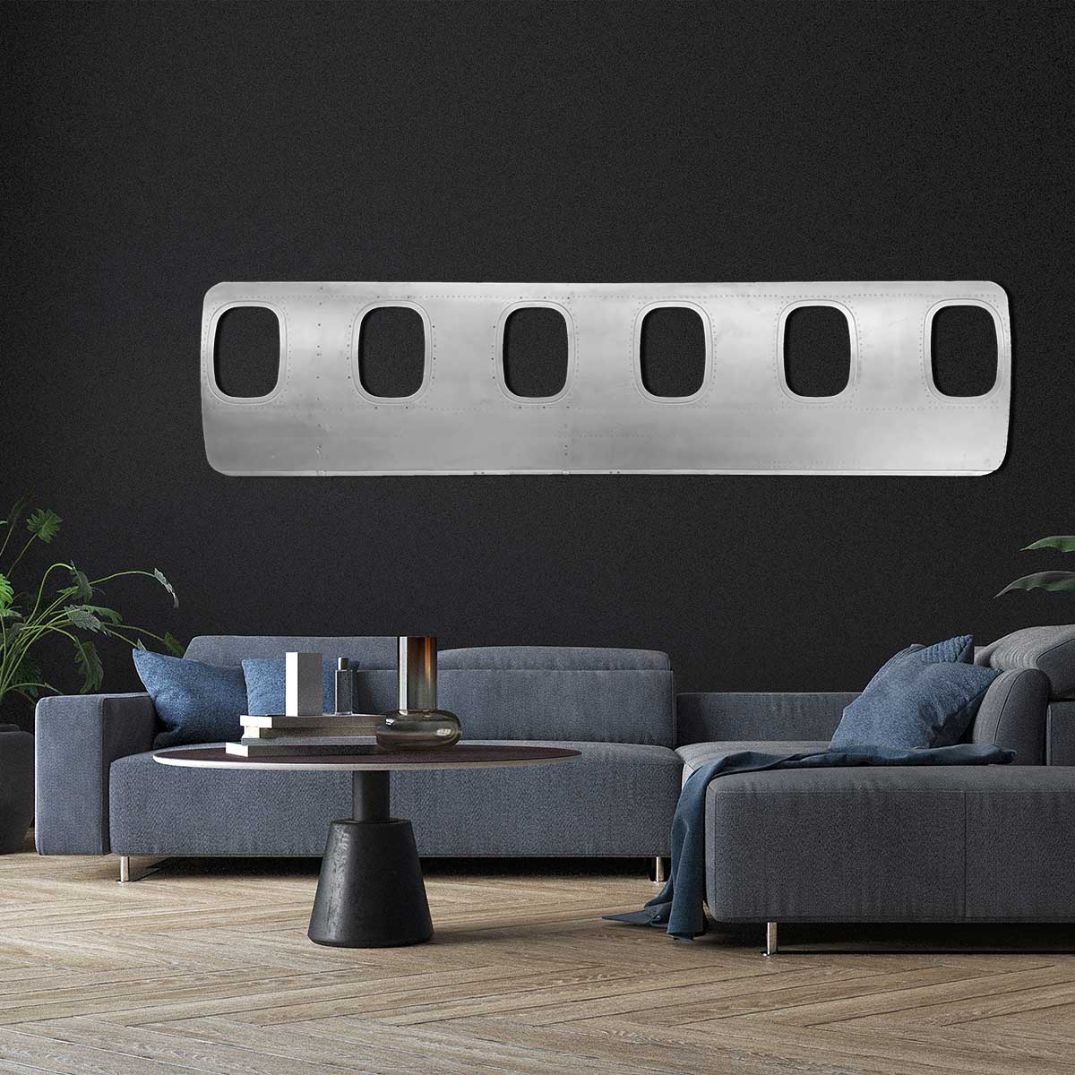 Six-window panel of an ATR passenger aircraft turned into a decorative piece and hanging in a modern living room.