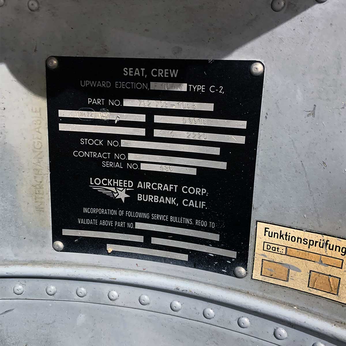 Construction number plate of a Lockheed C2 ejection seat.