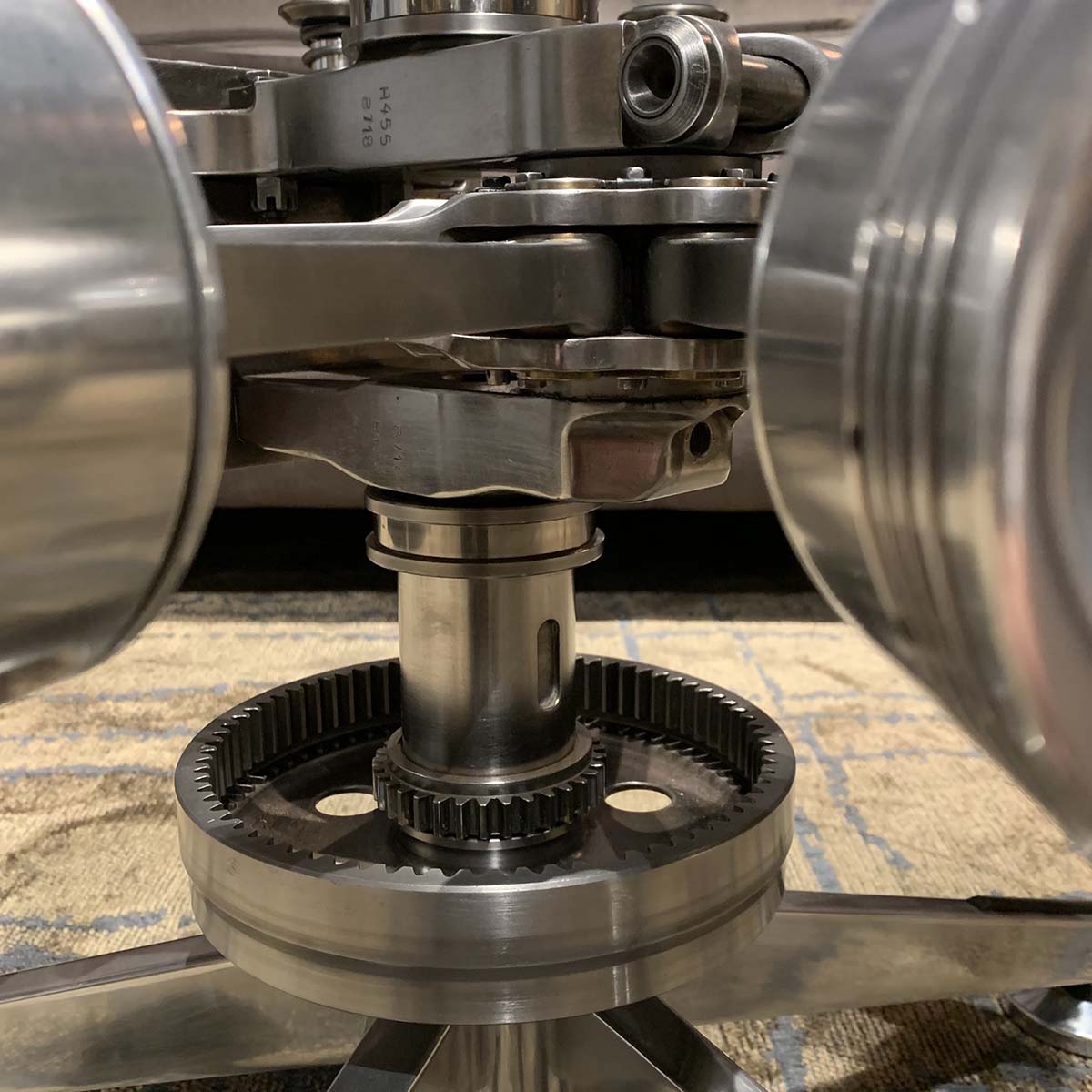 Detail of a the mechanish of a Zlin Z-37 aircraft engine turned into a table.
