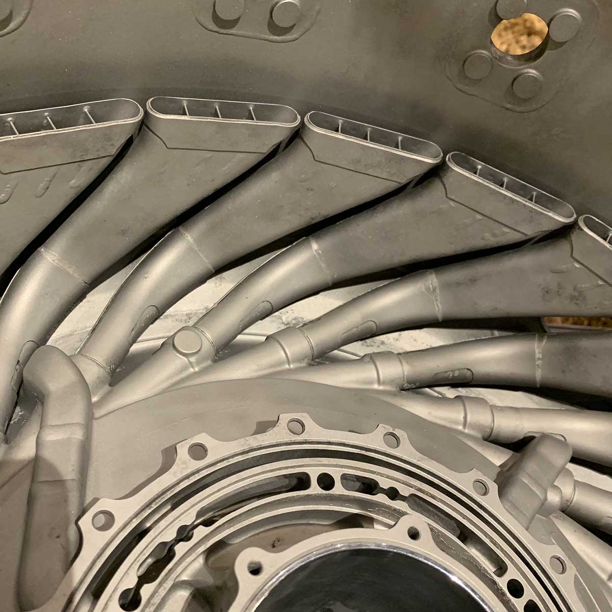Detail of the inside of a Pratt & Whitney Canada PW100 aircraft engine gas generator case.