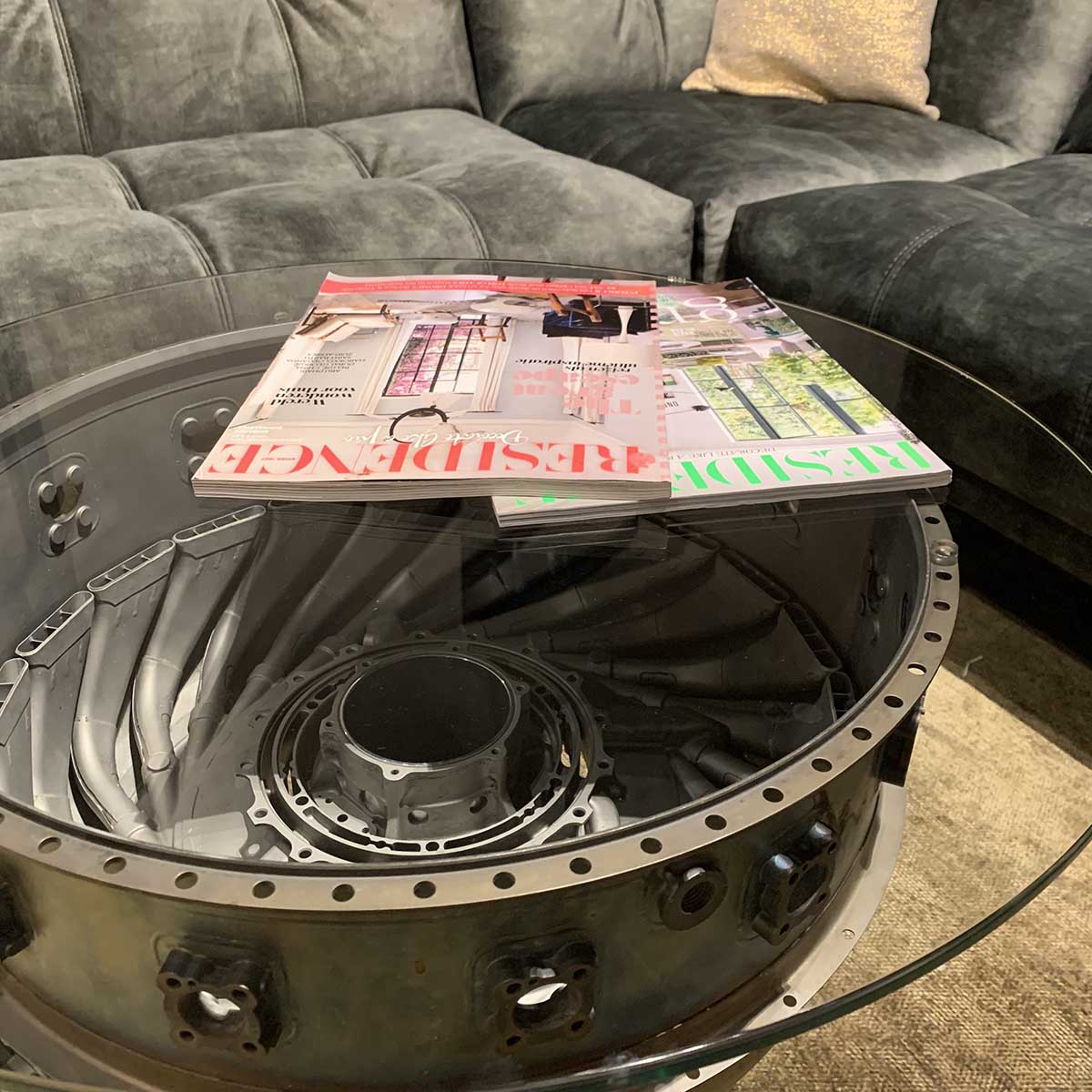 Living room table made of the gas generator case of a Pratt & Whitney Canada PW100.