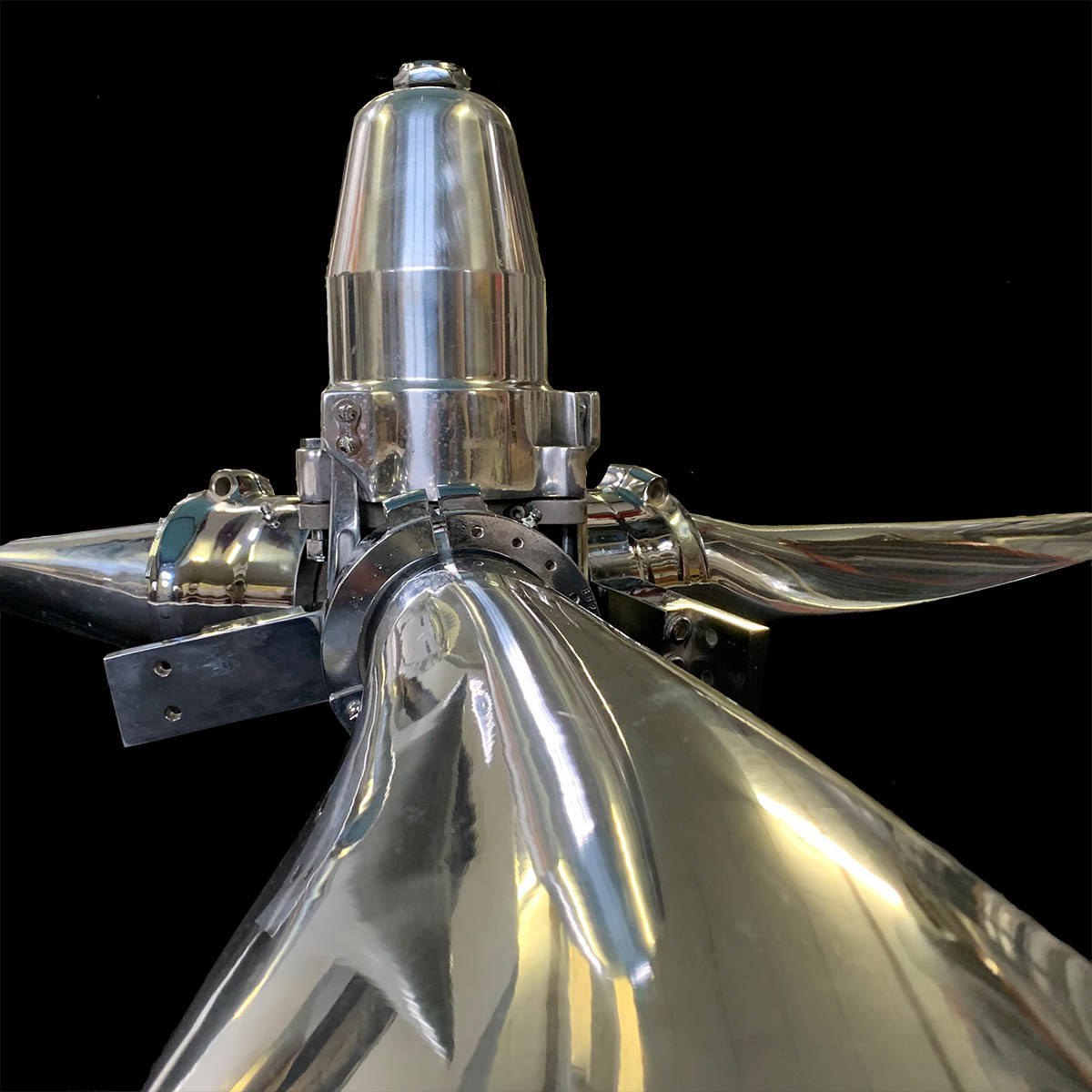 Detail of a Hartzell propeller and hub that was polished and prepared for display purposes.