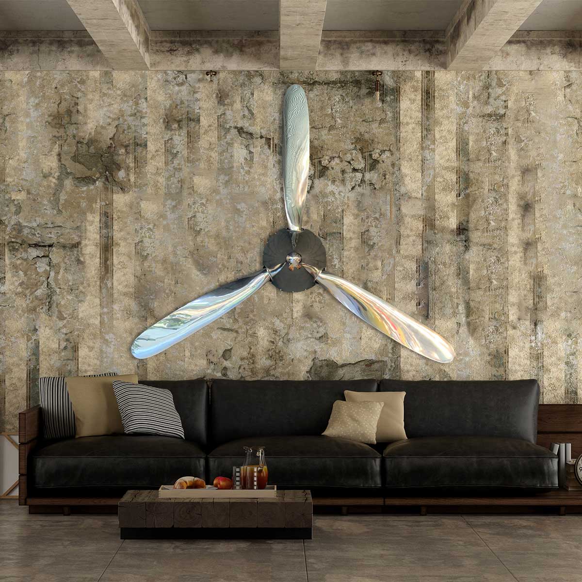 Polished three-bladed Hartzell propeller with spinner mounted on a wall in a grunge living room.