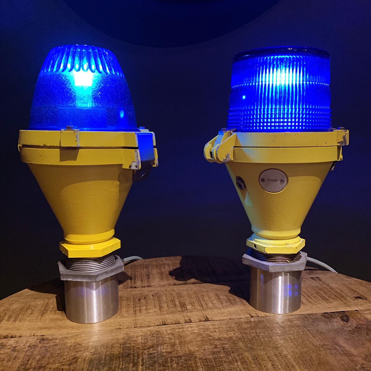 Two Thorn taxiway lights lined up next to each other as decorative lights.