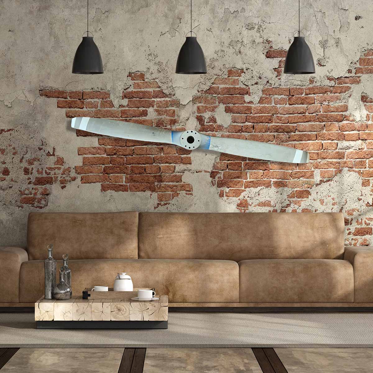 Two-bladed Sensenich propeller hanging on a wall.