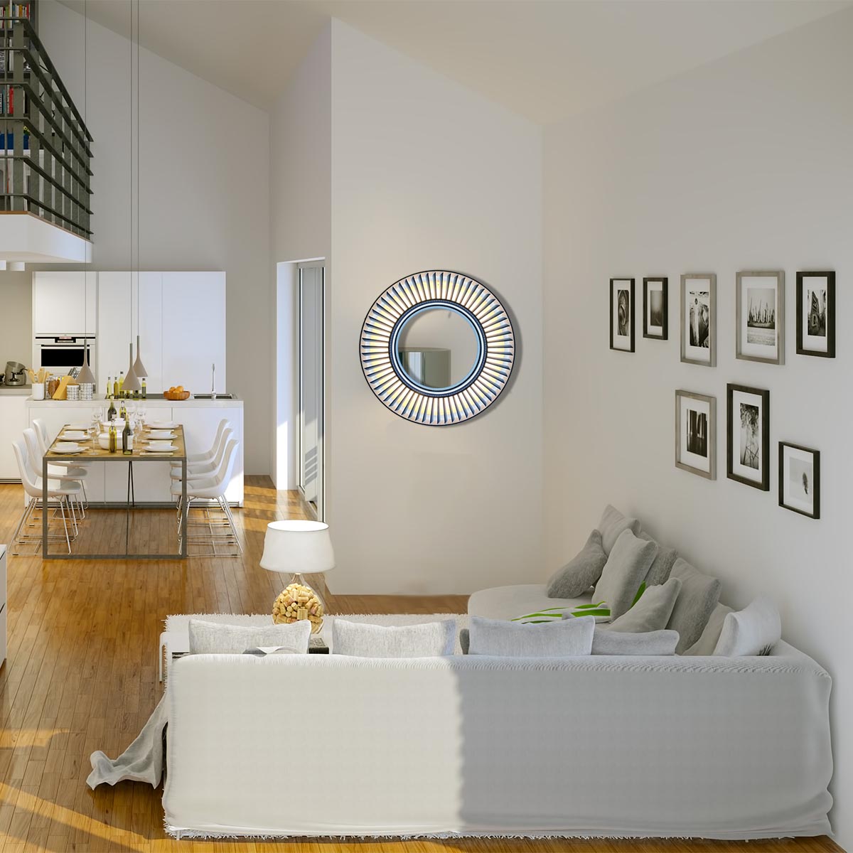 Mirror made from a Pratt & Whitney jet engine C2 stator hanging on a wall in a modern living room.