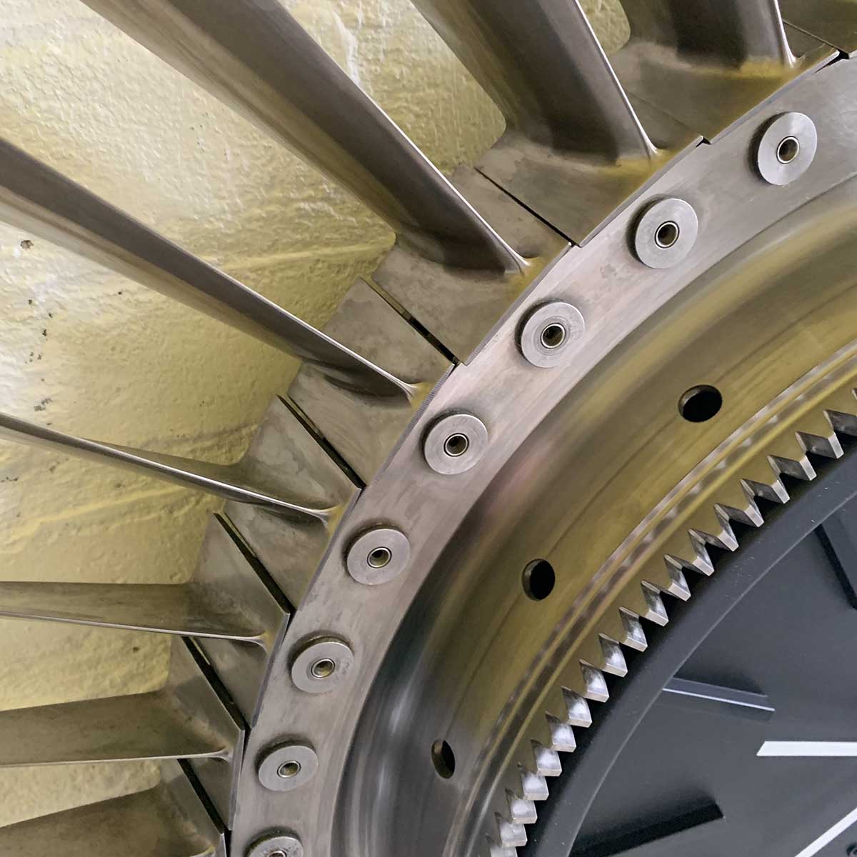Detail of a part of the engine of a fighter jet aircraft that was turned into a clock.