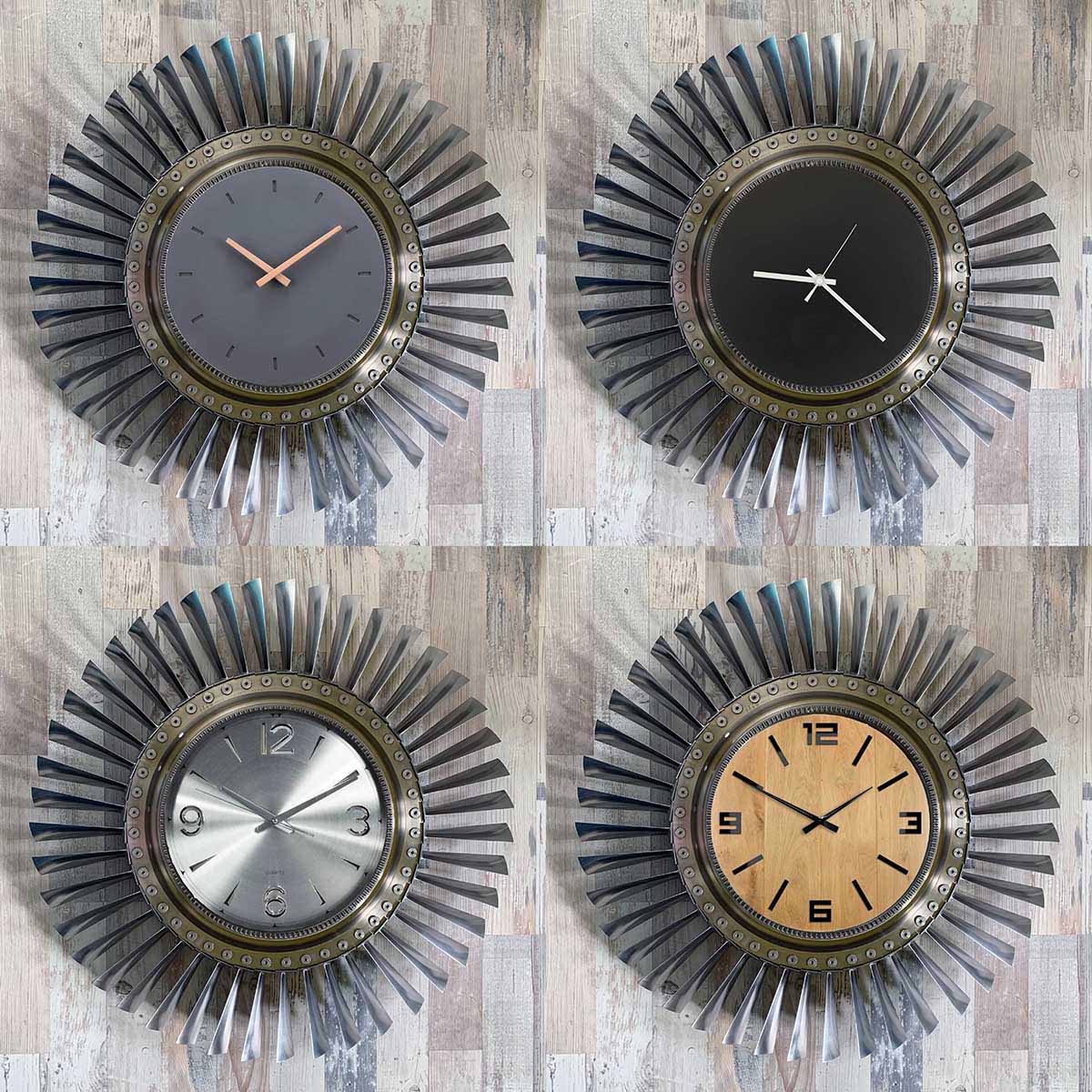 Photo showing four different versions of a clock that was made from parts of a fighter jet engine.